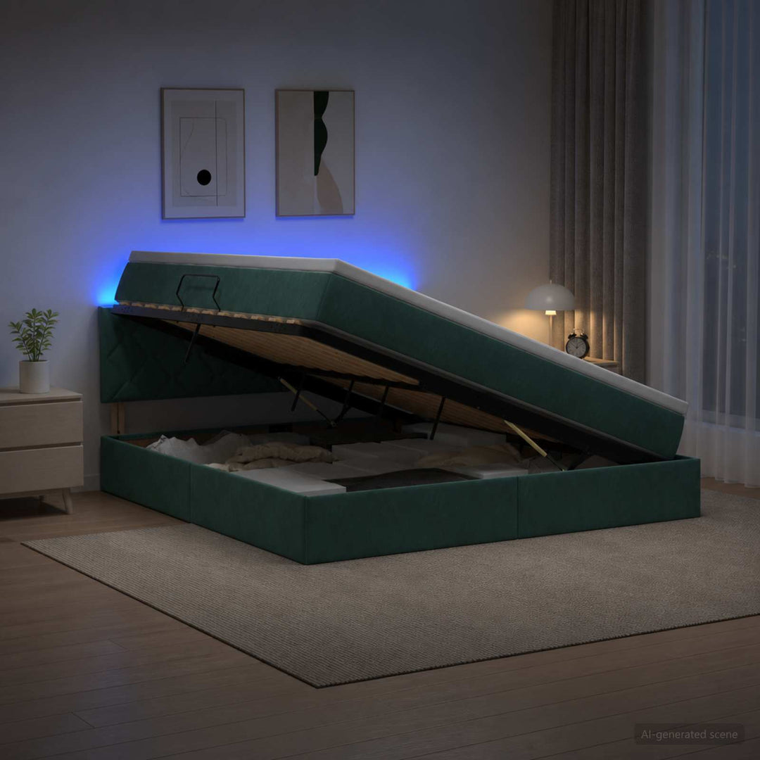 LED opbevarings seng med madras Mørkegrøn 180 x 200 cm Fløjl