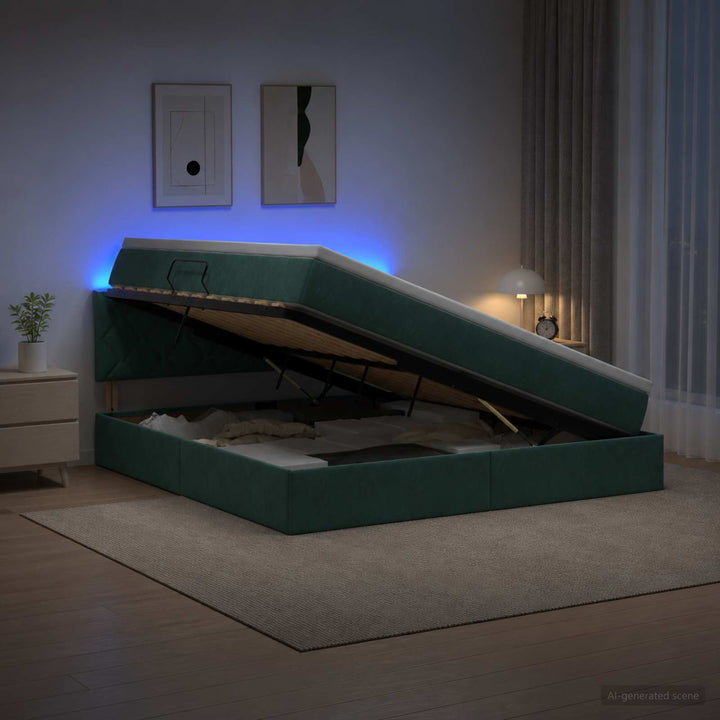 LED opbevarings seng med madras Mørkegrøn 180 x 200 cm Fløjl