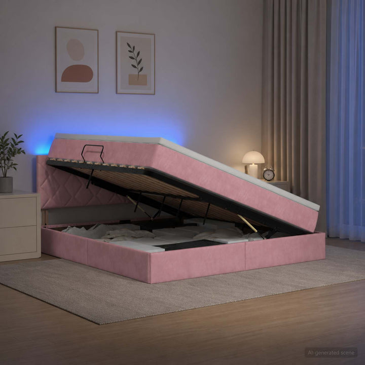 LED opbevarings seng med madras Lyserød 160 x 200 cm Fløjl
