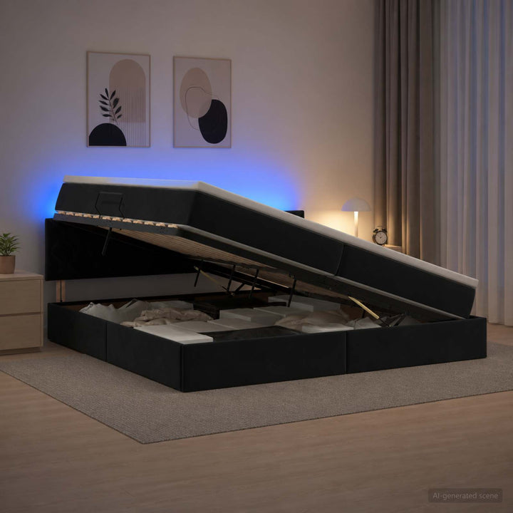 LED opbevarings seng med madras Sort 200 x 200 cm Fløjl