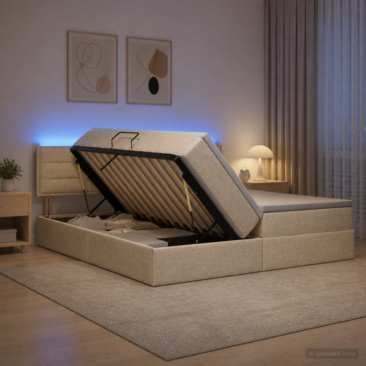 LED opbevarings seng med madras Cremefarvet 200 x 200 cm Stof