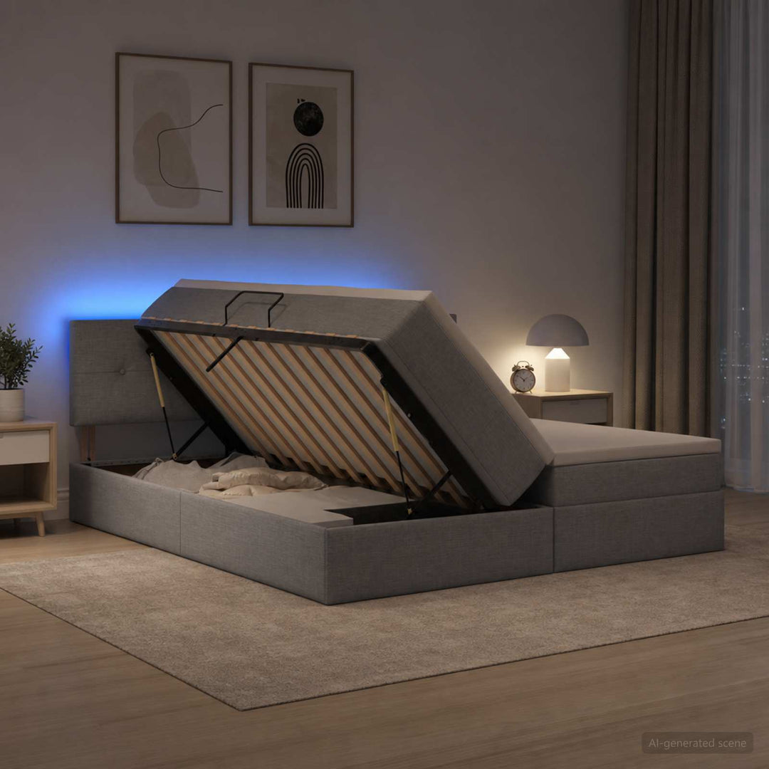 LED opbevarings seng med madras Lysegrå 200 x 200 cm Stof