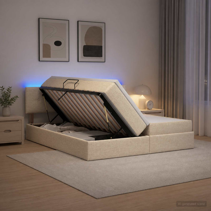LED opbevarings seng med madras Cremefarvet 180 x 200 cm Stof