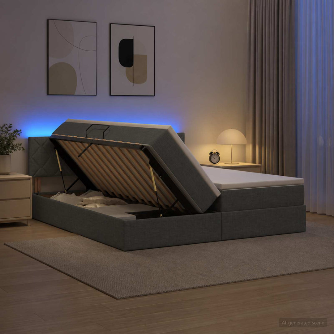 LED opbevarings seng med madras Mørkegrå 200 x 200 cm Stof