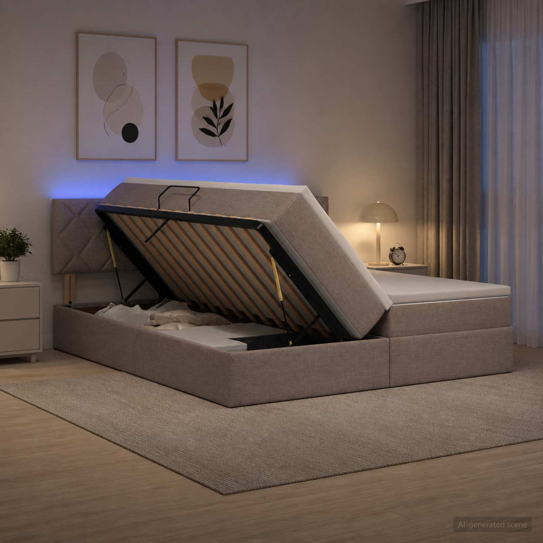 LED opbevarings seng med madras Gråbrun 180 x 200 cm Stof