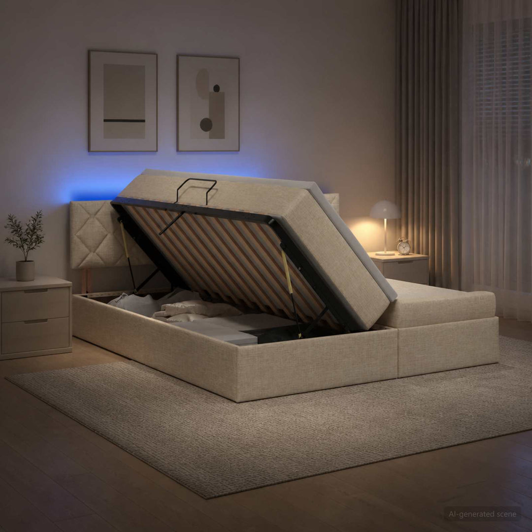 LED opbevarings seng med madras Cremefarvet 180 x 200 cm Stof