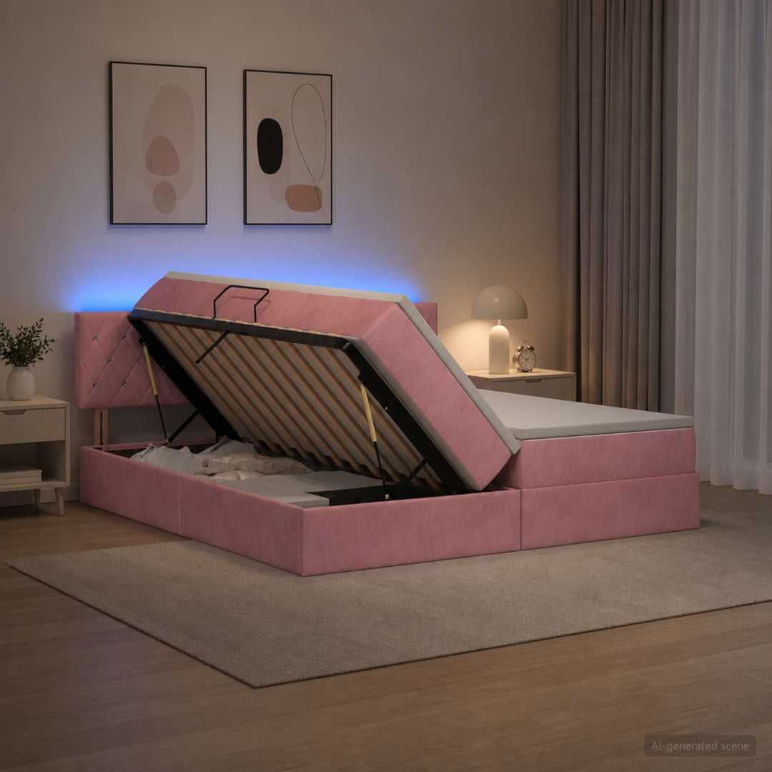 LED opbevarings seng med madras Lyserød 200 x 200 cm Fløjl