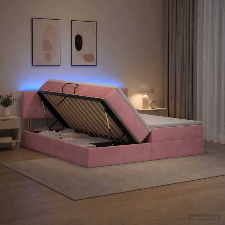 LED opbevarings seng med madras Lyserød 200 x 200 cm Fløjl