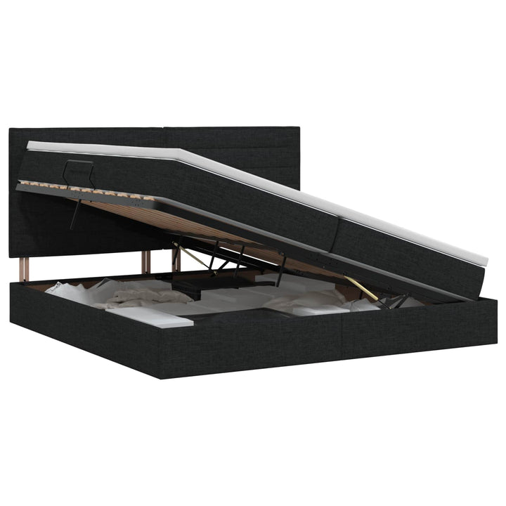 Seng med opbevaring og madras Sort 200 x 200 cm Stof
