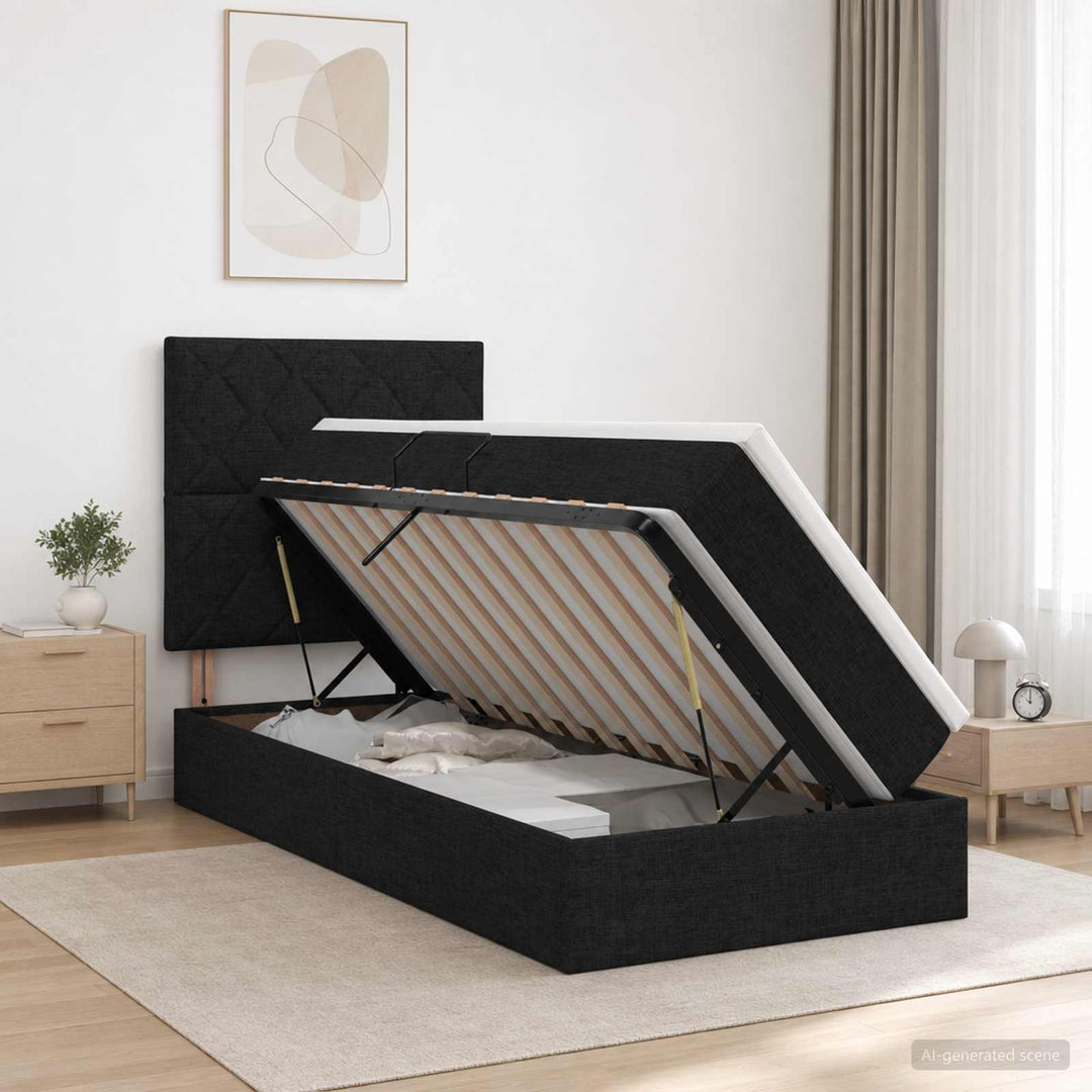 Seng med opbevaring og madras Sort 90 x 200 cm Stof