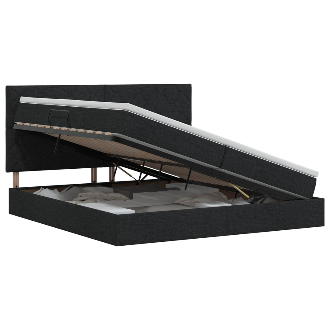 Seng med opbevaring og madras Sort 200 x 200 cm Stof