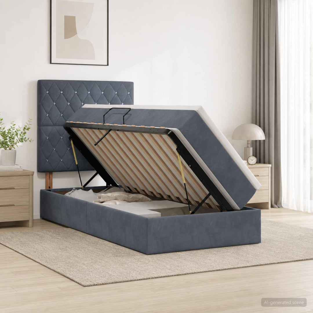 LED opbevarings seng med madras Mørkegrå 90 x 190 cm Fløjl