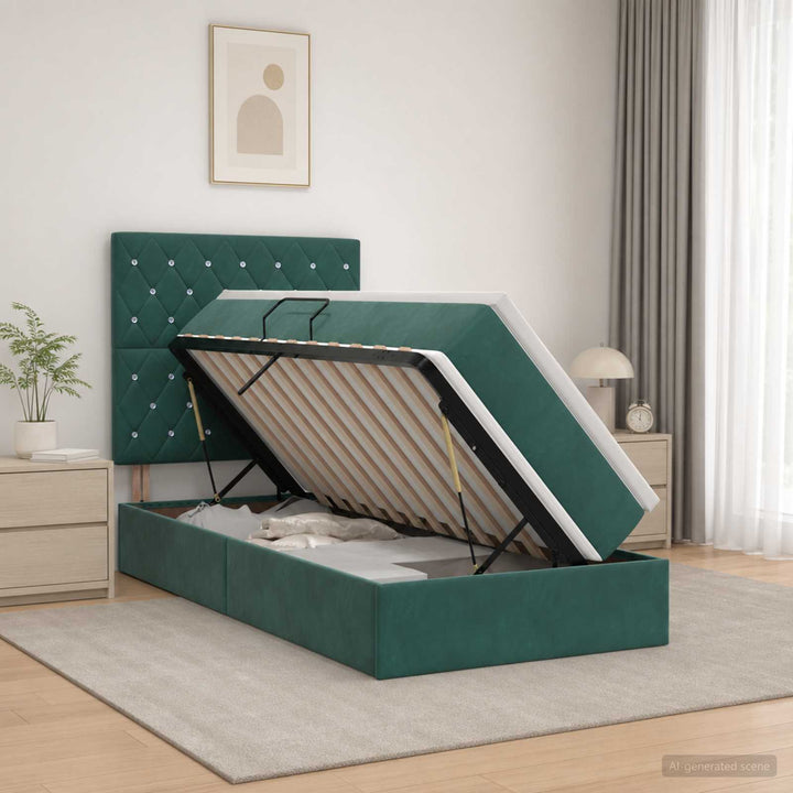 Seng med opbevaring og madras Mørkegrøn 90 x 190 cm Fløjl