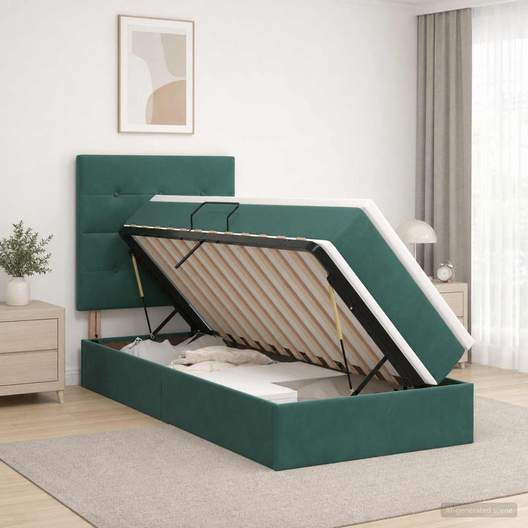 LED opbevarings seng med madras Mørkegrøn 100 x 200 cm Fløjl
