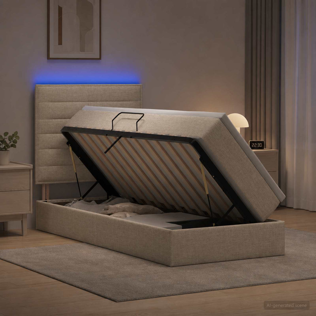 LED opbevarings seng med madras Cremefarvet 100 x 200 cm Stof