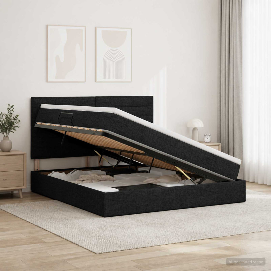 Seng med opbevaring og madras Sort 180 x 200 cm Stof