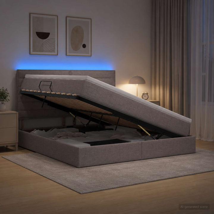 LED opbevarings seng med madras Gråbrun 140 x 200 cm Stof