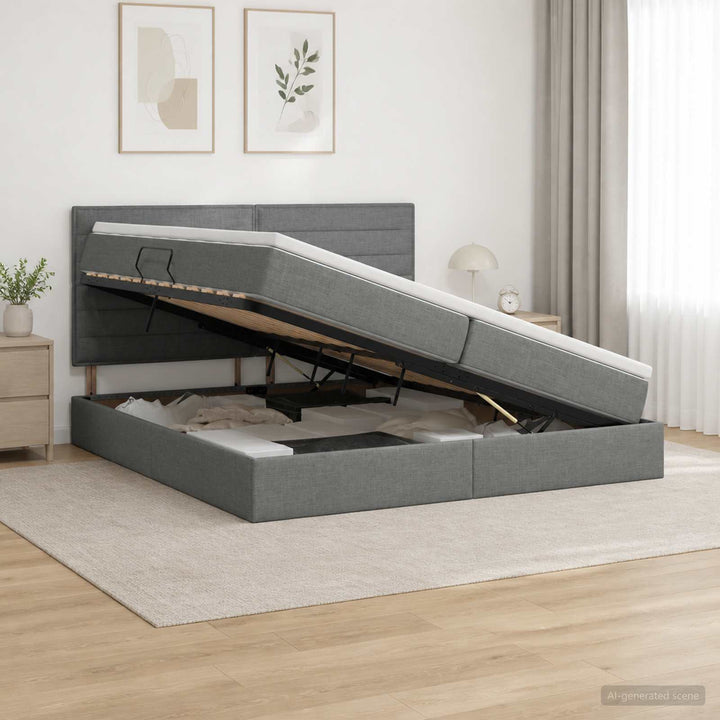 Seng med opbevaring og madras Mørkegrå 200 x 200 cm Stof