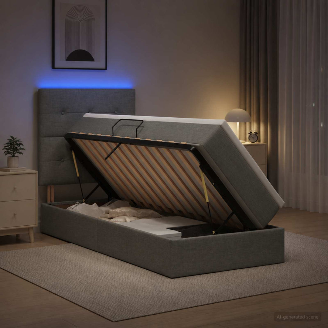 LED opbevarings seng med madras Mørkegrå 100 x 200 cm Stof