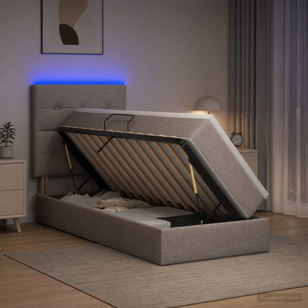 LED opbevarings seng med madras Gråbrun 90 x 190 cm Stof