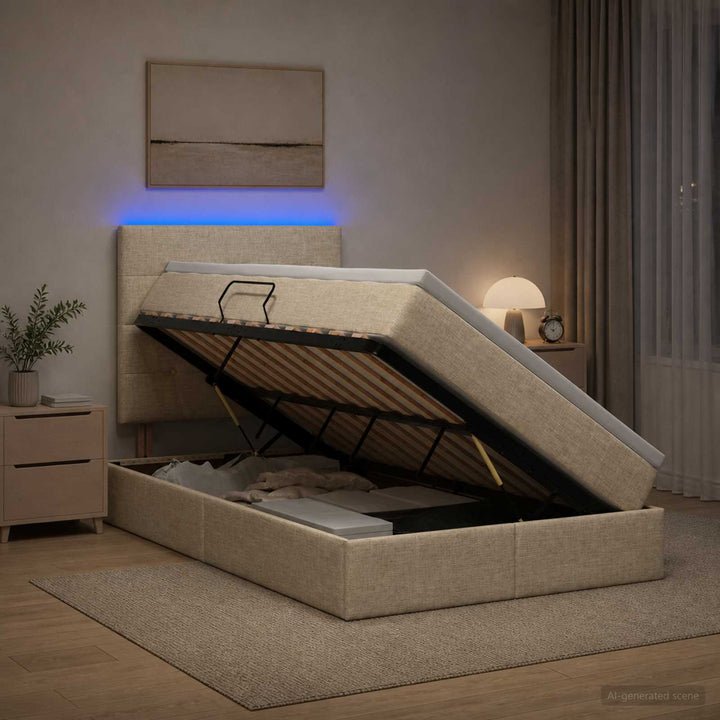 LED opbevarings seng med madras Cremefarvet 120 x 190 cm Stof