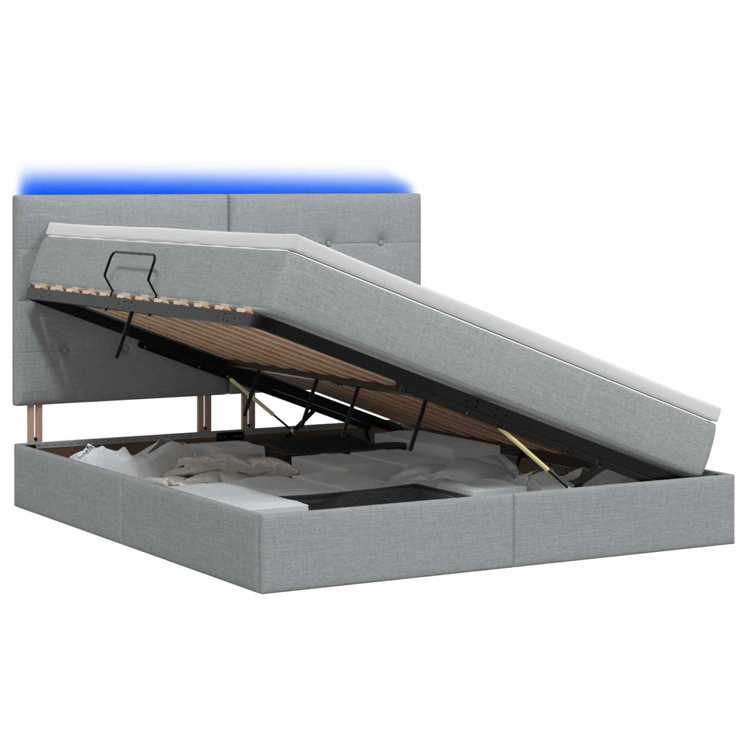 LED opbevarings seng med madras Lysegrå 160 x 200 cm Stof