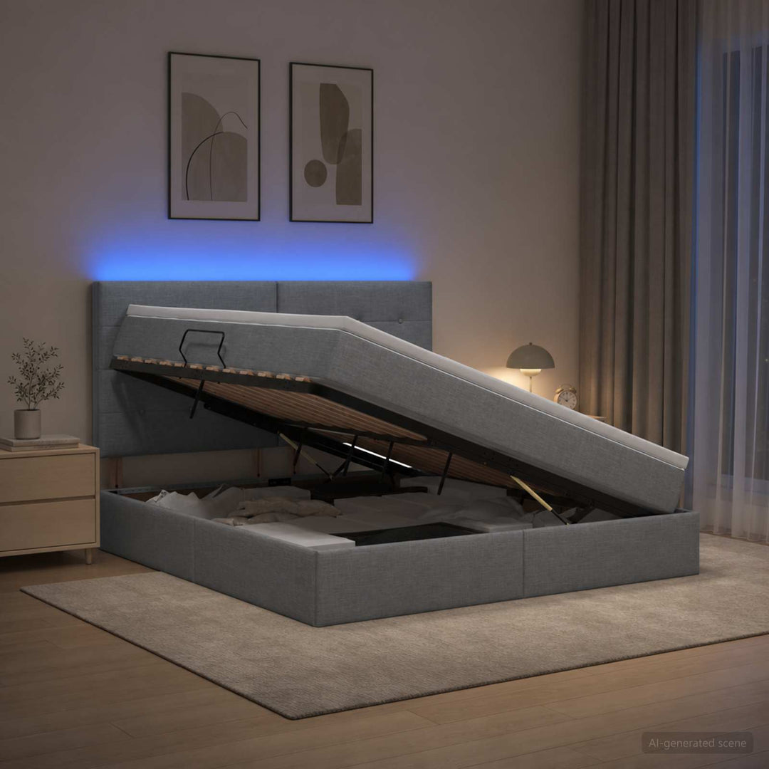 LED opbevarings seng med madras Lysegrå 180 x 200 cm Stof