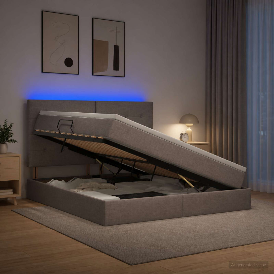 LED opbevarings seng med madras Gråbrun 180 x 200 cm Stof