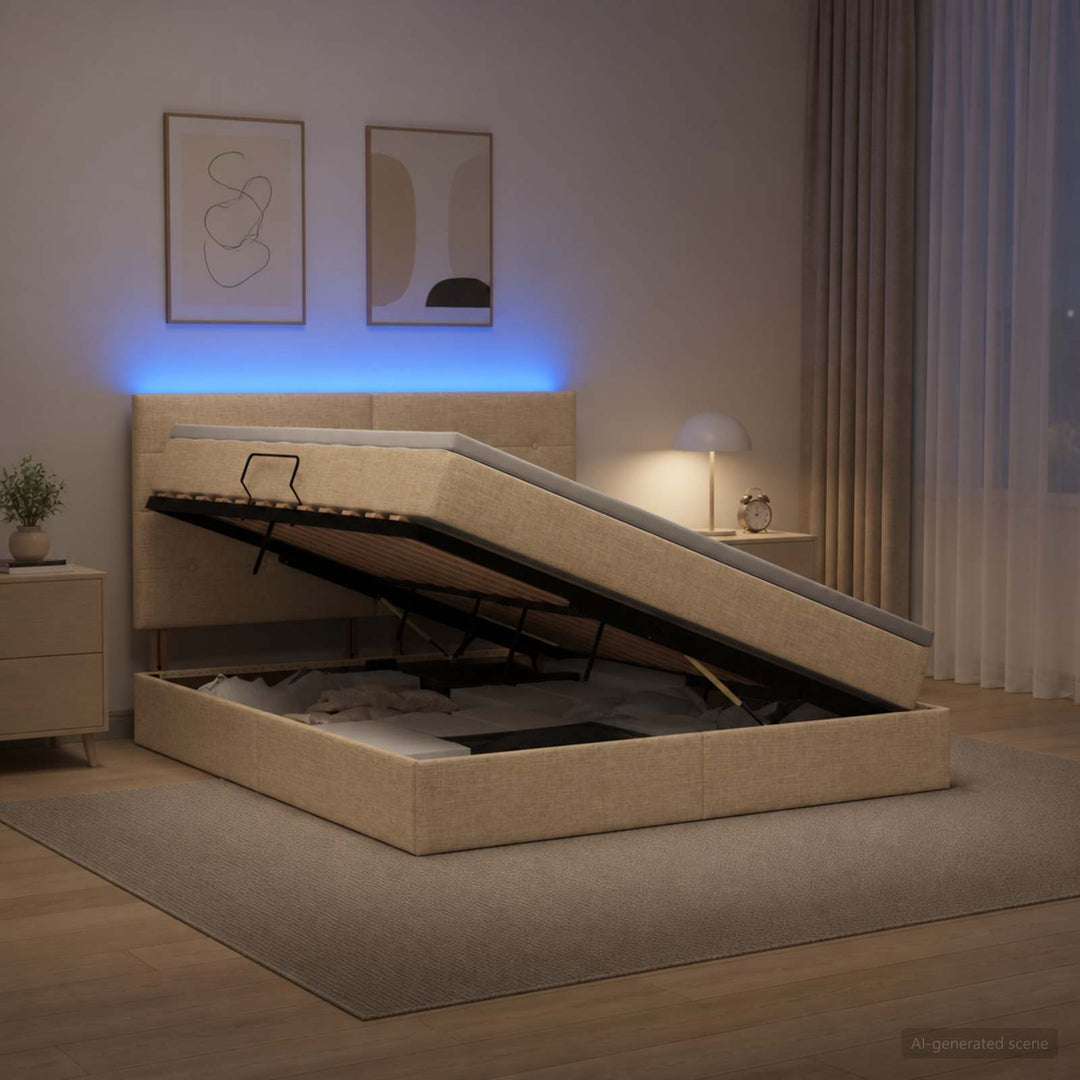 LED opbevarings seng med madras Cremefarvet 180 x 200 cm Stof