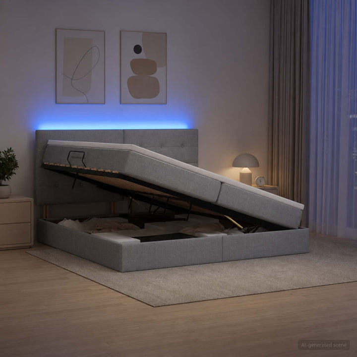 LED opbevarings seng med madras Lysegrå 200 x 200 cm Stof