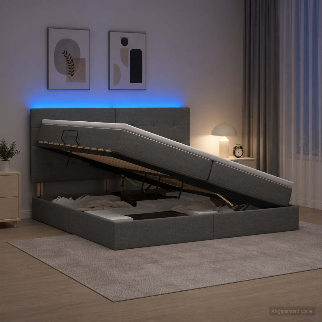 LED opbevarings seng med madras Mørkegrå 200 x 200 cm Stof