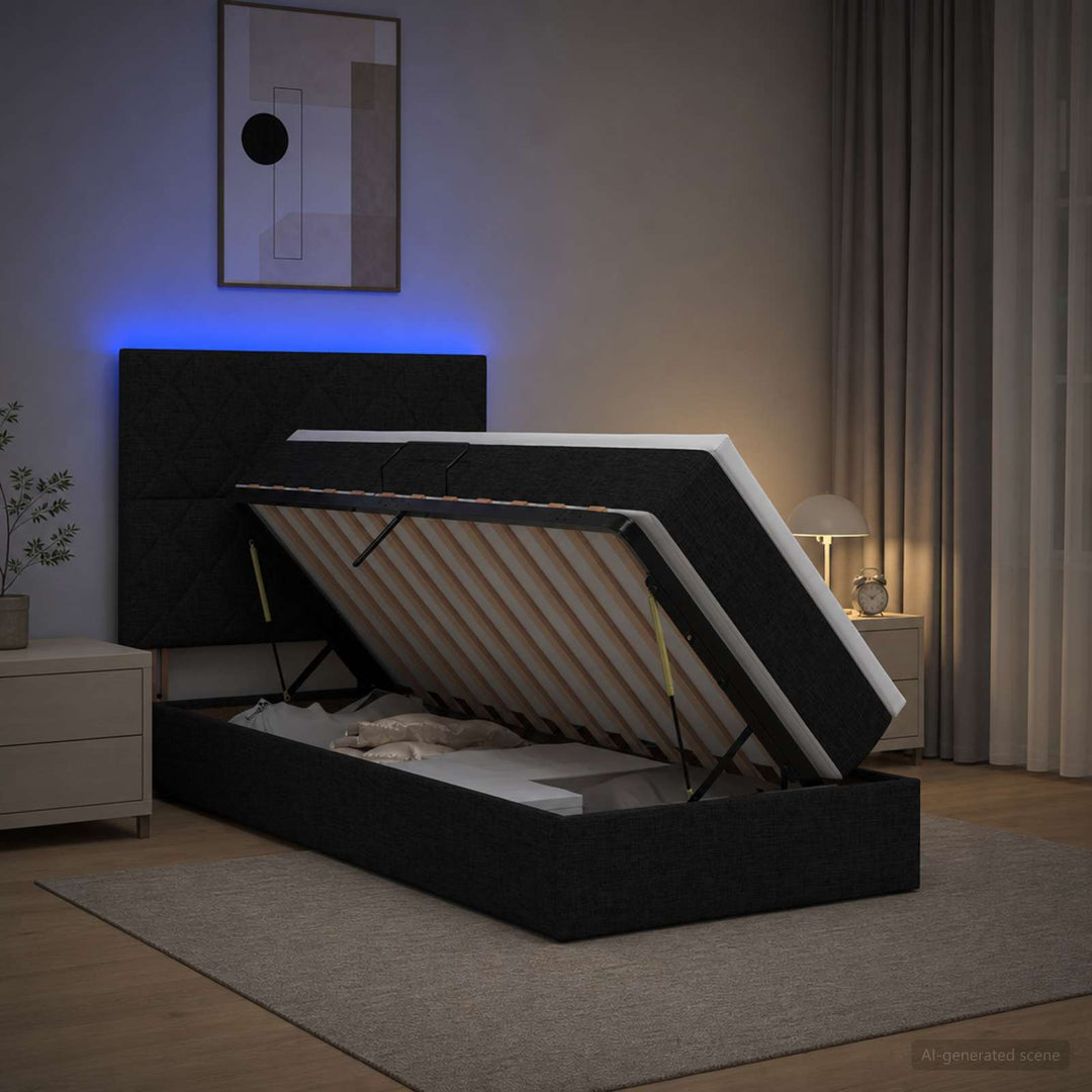 LED opbevarings seng med madras Sort 90 x 190 cm Stof