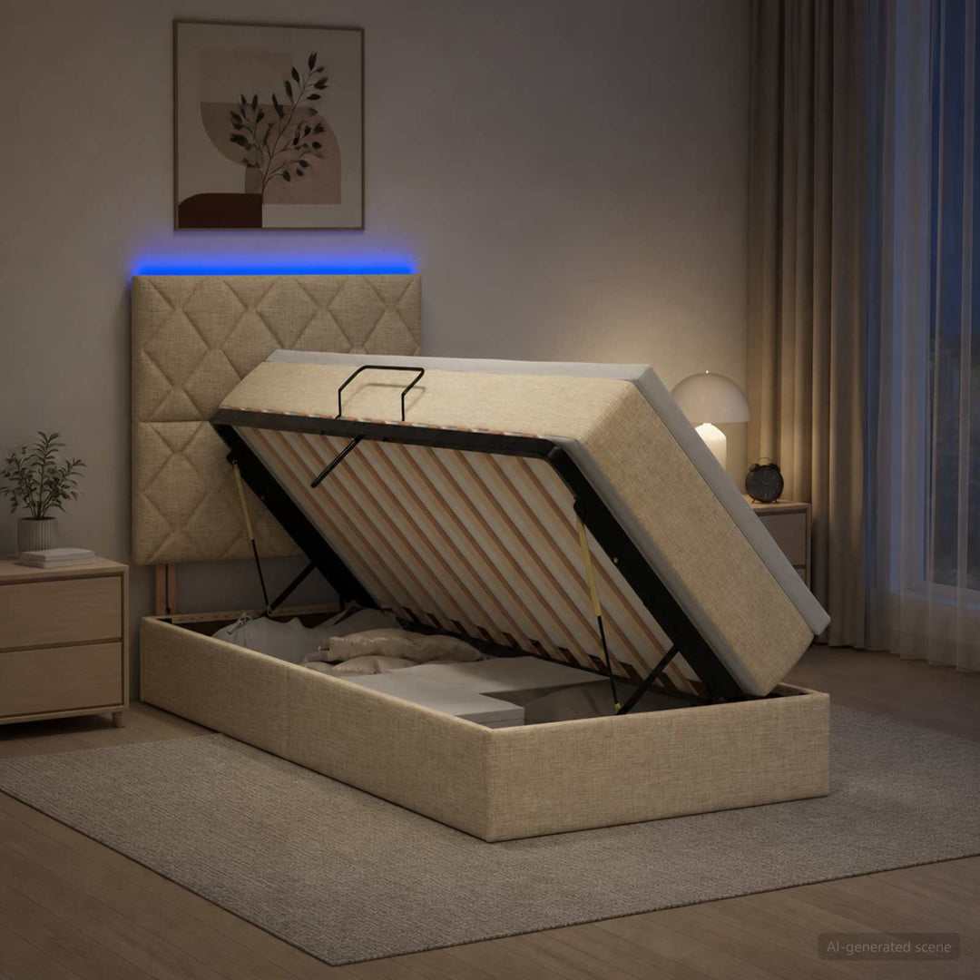 LED opbevarings seng med madras Cremefarvet 90 x 200 cm Stof