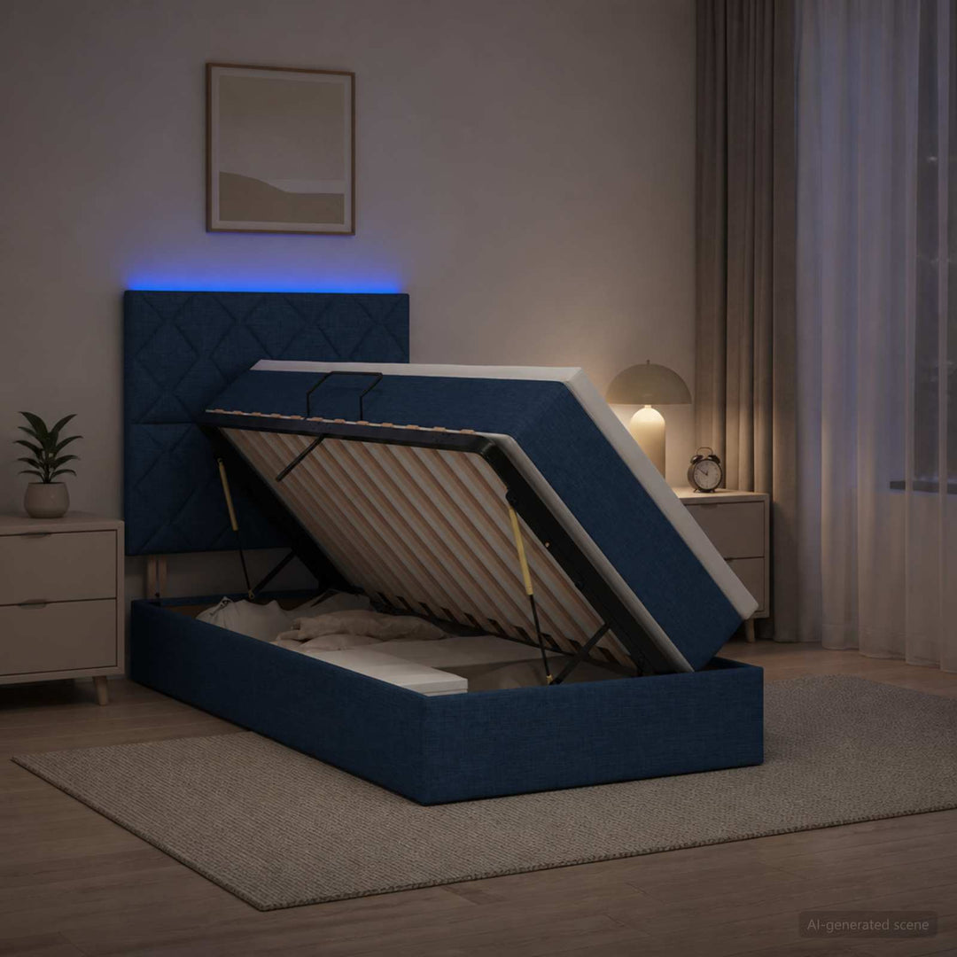 LED opbevarings seng med madras Blå 90 x 200 cm Stof