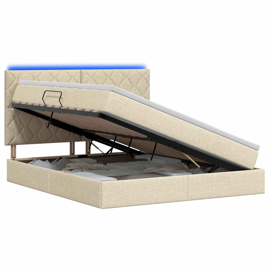 LED opbevarings seng med madras Cremefarvet 160 x 200 cm Stof