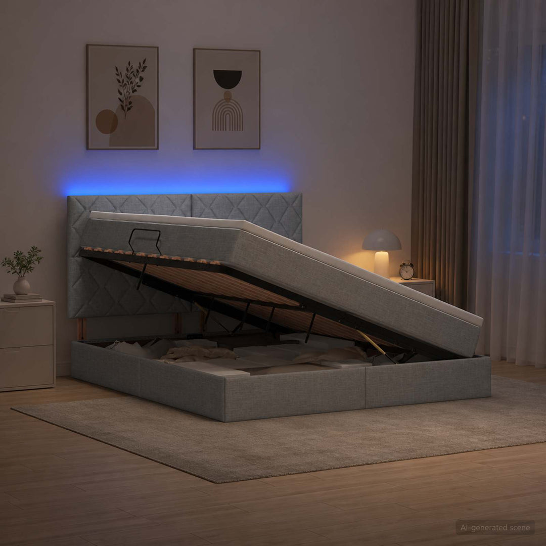 LED opbevarings seng med madras Lysegrå 160 x 200 cm Stof