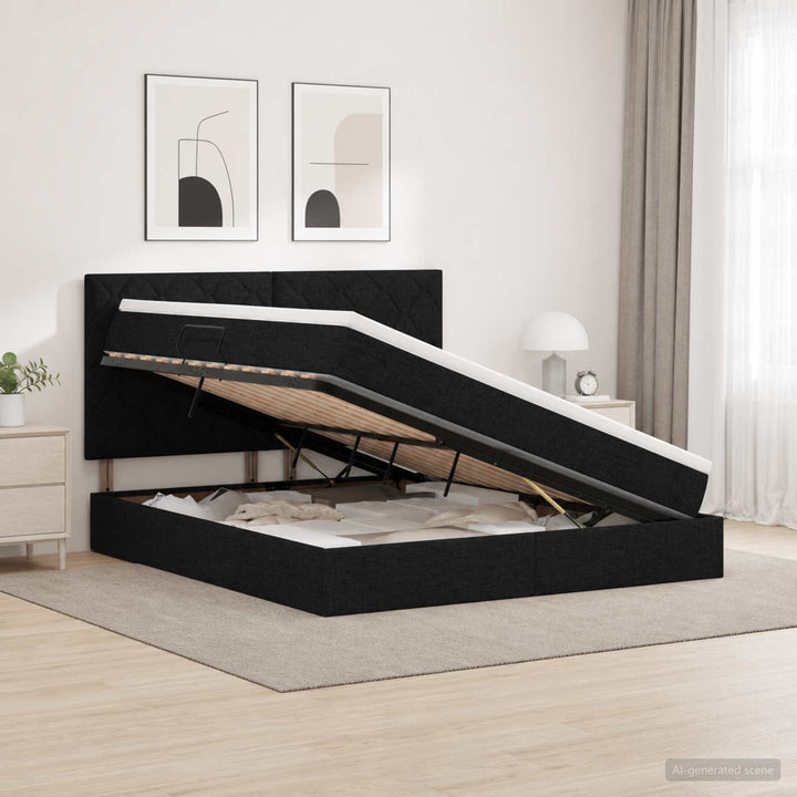 Seng med opbevaring og madras Sort 160 x 200 cm Stof