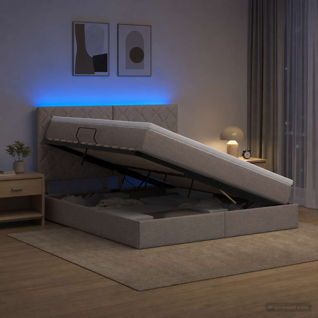 LED opbevarings seng med madras Gråbrun 160 x 200 cm Stof