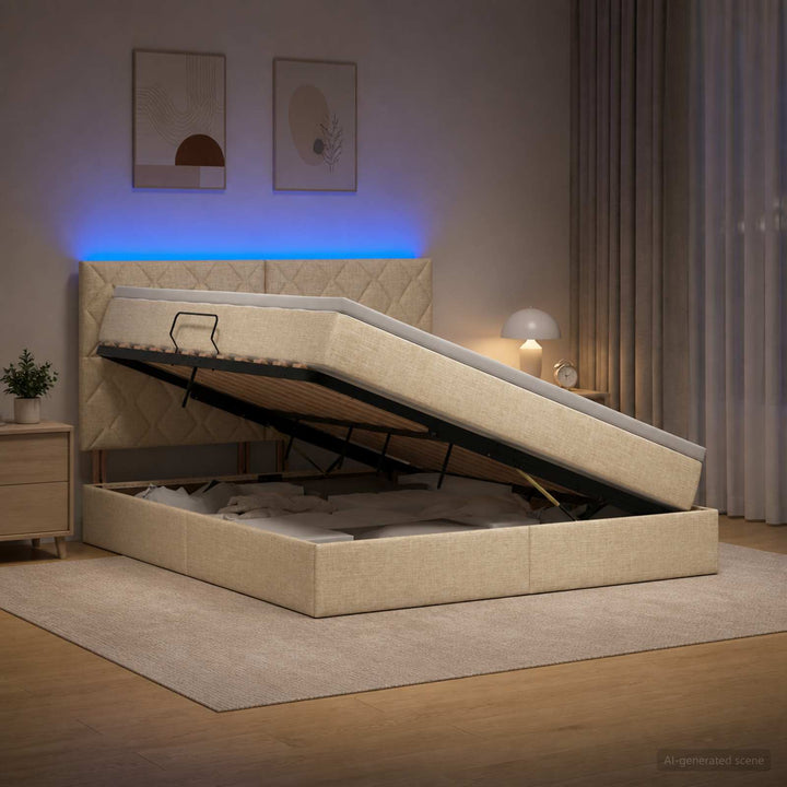 LED opbevarings seng med madras Cremefarvet 160 x 200 cm Stof