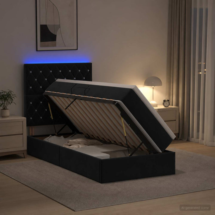 LED opbevarings seng med madras Sort 100 x 200 cm Fløjl
