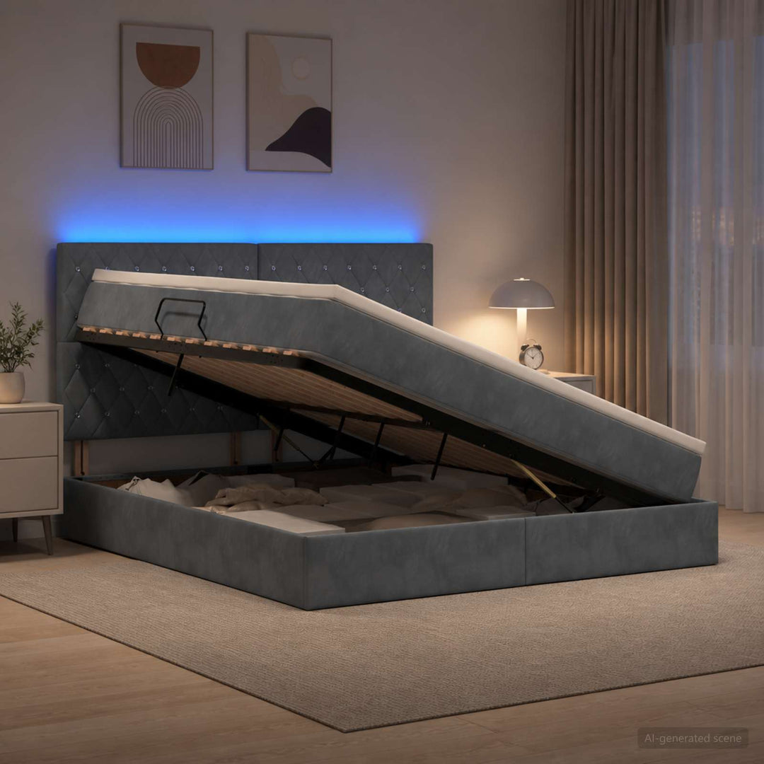 LED opbevarings seng med madras Mørkegrå 140 x 190 cm Fløjl
