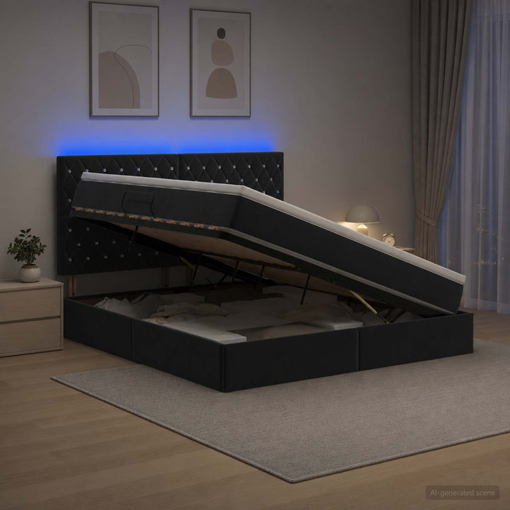 LED opbevarings seng med madras Sort 180 x 200 cm Fløjl