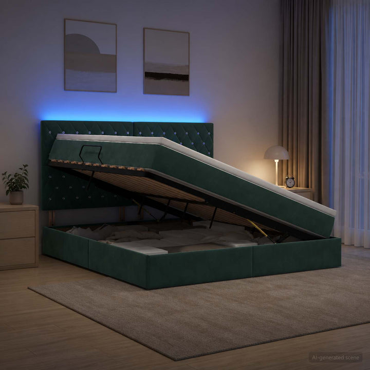 LED opbevarings seng med madras Mørkegrøn 180 x 200 cm Fløjl