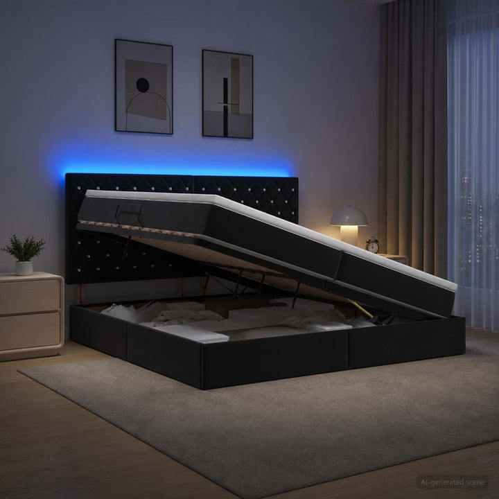 LED opbevarings seng med madras Sort 200 x 200 cm Fløjl