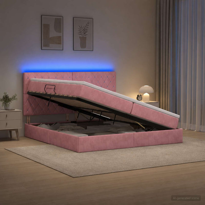 LED opbevarings seng med madras Lyserød 200 x 200 cm Fløjl