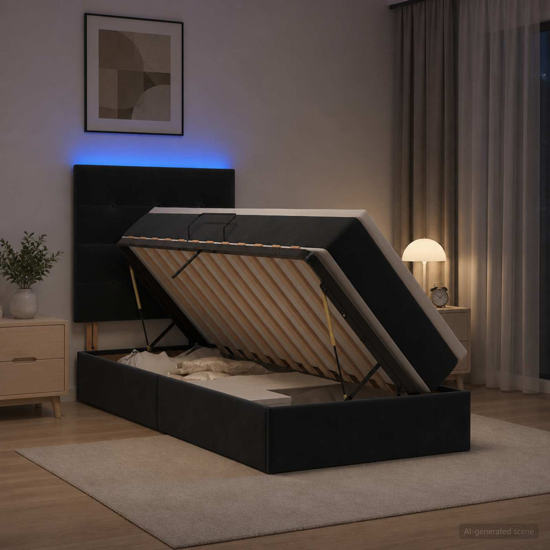 LED opbevarings seng med madras Sort 90 x 200 cm Fløjl