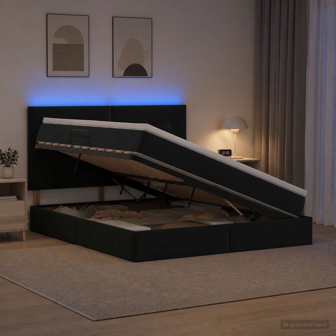 LED opbevarings seng med madras Sort 180 x 200 cm Fløjl