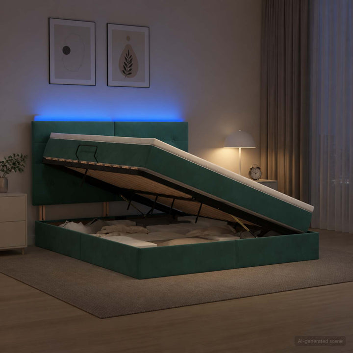 LED opbevarings seng med madras Mørkegrøn 180 x 200 cm Fløjl