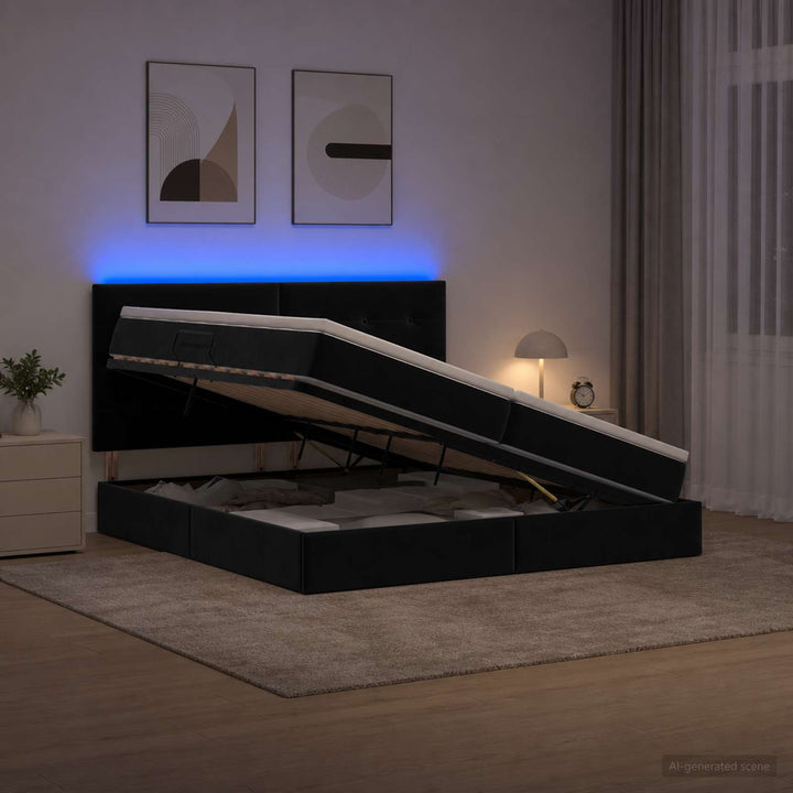 LED opbevarings seng med madras Sort 200 x 200 cm Fløjl