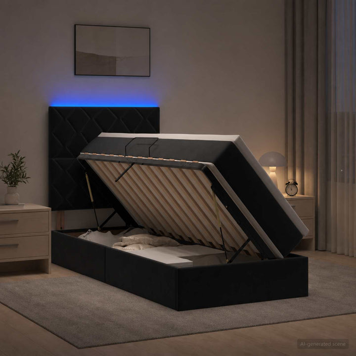 LED opbevarings seng med madras Sort 90 x 200 cm Fløjl